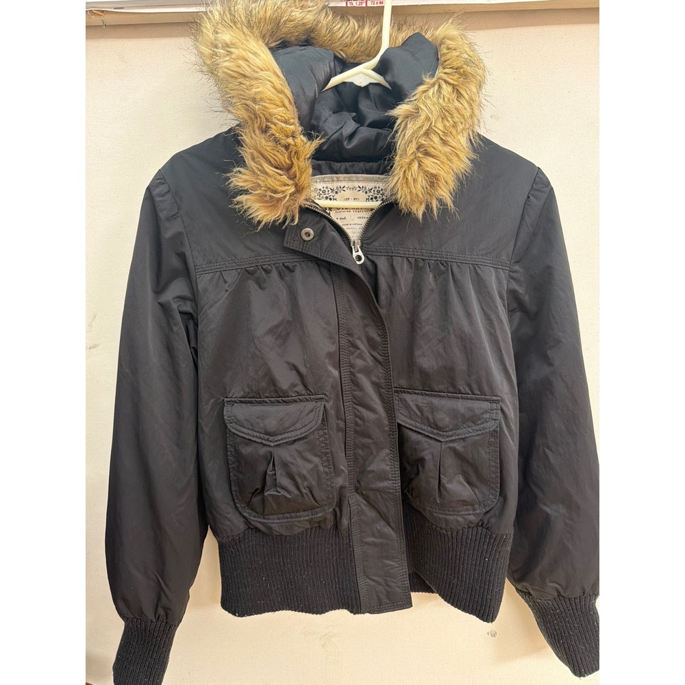 Old Navy Black Bomber Jacket Faux Fur Hood Cargo Pockets Women Large L